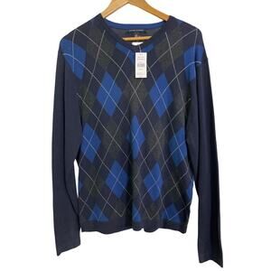 Banana Republic Argyle Sweater Mens Medium Blue Cotton Crew Neck NWT